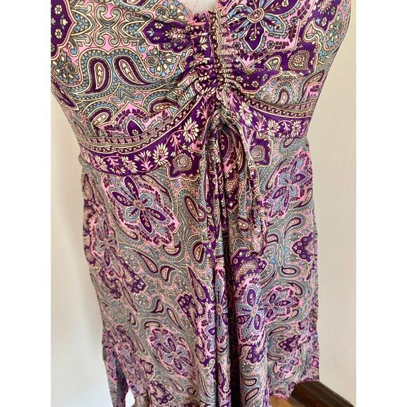 Indian VTG Silk Blend Paisley Floral Boho Sun Dress Flowing Fairy Bow Ruffle - Picture 13 of 14